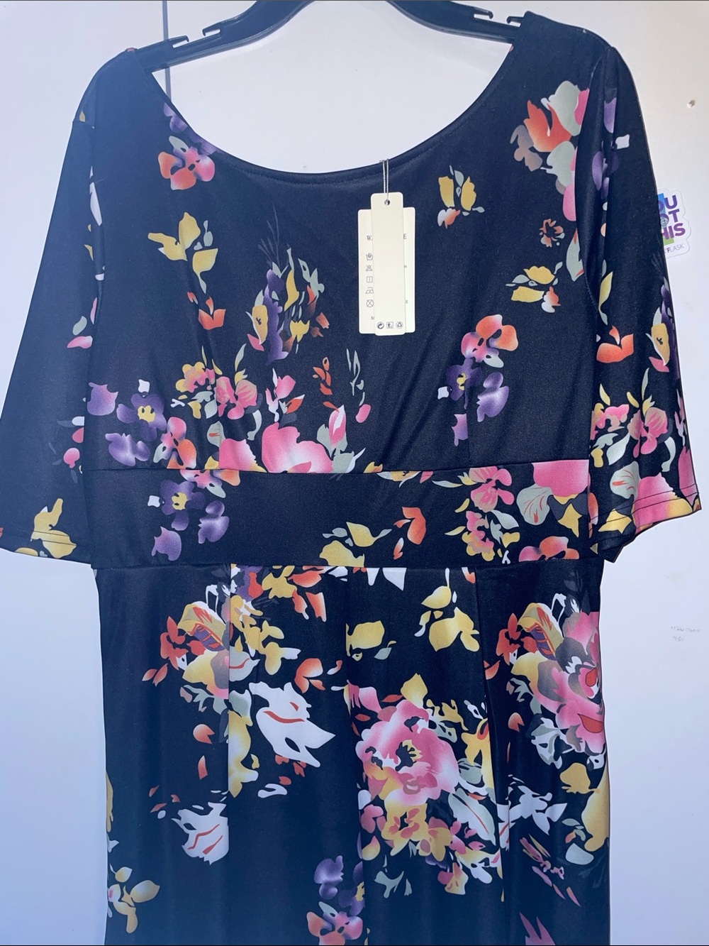 Nemidor Floral Asymmetrical Women's Dress - 14 Black with Pink & Yellow Blossoms